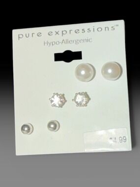 Pure Expressions Hypo-Allergenic Pearl and Crystal Earring Set - White